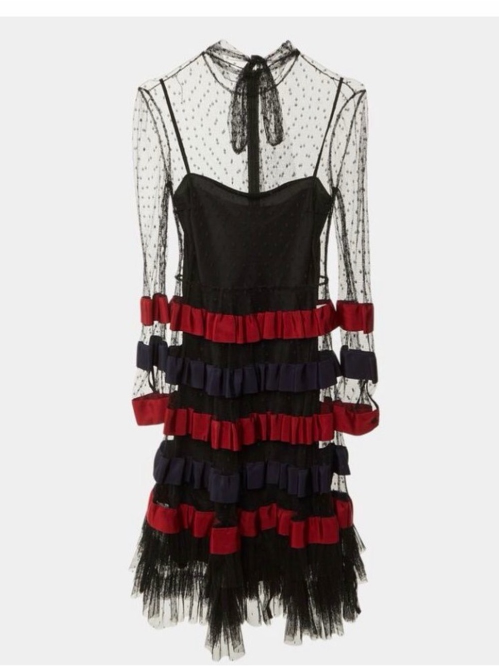 Red Valentino Sheer Black Party Dress with Red & Navy Ribbon Tiers